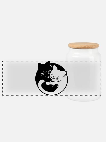 Yin-Yang Katzen - Panorama Keksdose mit Holzdeckel - Weiß