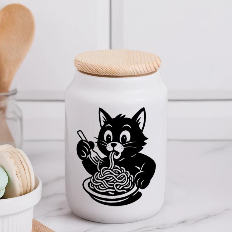 Cat Eats Spaghetti Meme Panoramic Cookie Jar with Wooden Lid