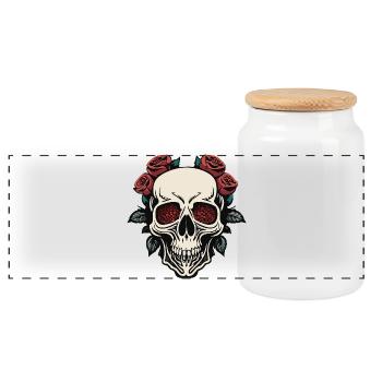 Stilvoller Totenkopf mit Rosen und Marineblau - Panorama Keksdose mit Holzdeckel - Weiß - Vorne