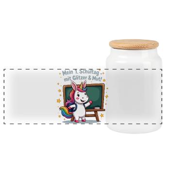 School Unicorn – 1st Grade with Glitter Start - Panoramic Cookie Jar with Wooden Lid - white - Front