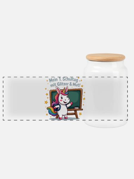 School Unicorn – 1st Grade with Glitter Start - Panoramic Cookie Jar with Wooden Lid - white