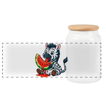Cute Zebra with Watermelon Summer Cartoon - Panoramic Cookie Jar with Wooden Lid - white - Front