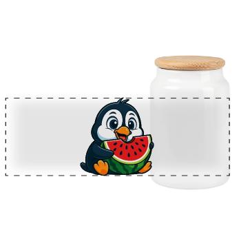 Cute Penguin with Watermelon Cartoon Fruit Arctic - Panoramic Cookie Jar with Wooden Lid - white - Front