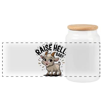 Kuschelbaby Ziegenmotiv.Raise Hell - Panorama Keksdose mit Holzdeckel - Weiß - Vorne
