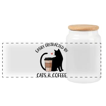 Easily Distracted By Cats And Coffee - Panoramic Cookie Jar with Wooden Lid - white - Front