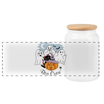 Trois fantômes amusants, un chat noir et une citrouille souriante - Boîte à biscuits avec couvercle en bois - blanc - Devant
