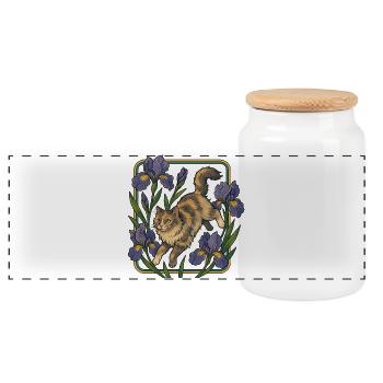 Chat élégant parmi les fleurs d'iris - Boîte à biscuits avec couvercle en bois - blanc - Devant
