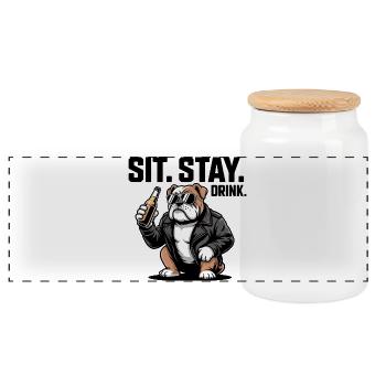 Sitz Bleib Trink Bulldoggenbier - Panorama Keksdose mit Holzdeckel - Weiß - Vorne