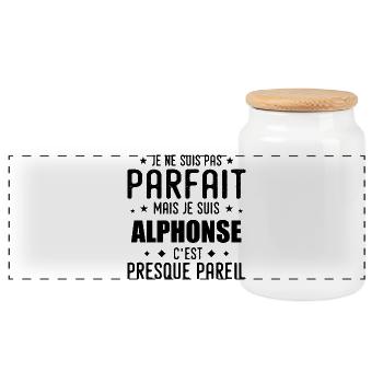 Alphonse : authentique, imparfait, top, perfection - Boîte à biscuits avec couvercle en bois - blanc - Devant