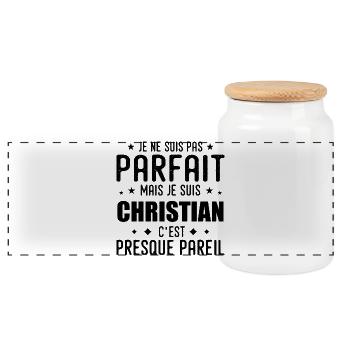 Christlich: authentisch, unvollkommen, oben, Perfektion - Panorama Keksdose mit Holzdeckel - Weiß - Vorne