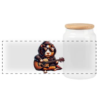 Guinea pig with guitar and sunglasses - Panoramic Cookie Jar with Wooden Lid - white - Front