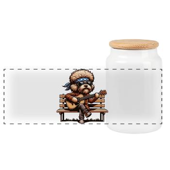 Guitar Playing Dog Hippie Rocker Style - Panoramic Cookie Jar with Wooden Lid - white - Front