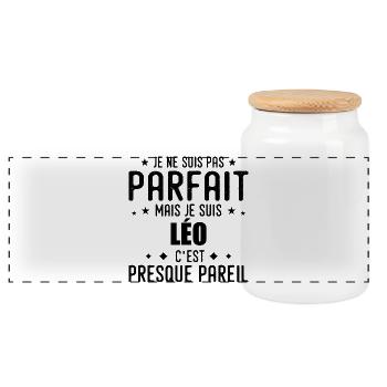 Léo : authentique, imparfait, top, perfection - Boîte à biscuits avec couvercle en bois - blanc - Devant