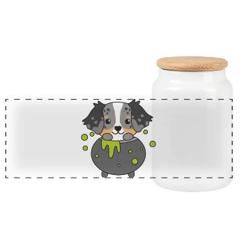 Australian Shepherd Happy Halloween Cauldron - Panoramic Cookie Jar with Wooden Lid - white - Front