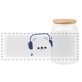 Ours Kawaii avec écouteurs - Boîte à biscuits avec couvercle en bois - blanc - Devant