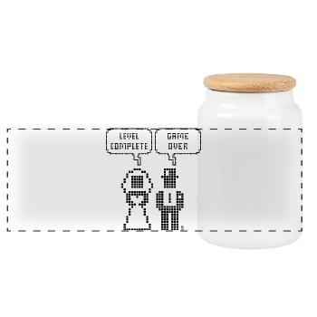 Level Complete – Game Over (Hochzeit JGA Pixel B) - Panorama Keksdose mit Holzdeckel - Weiß - Vorne