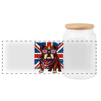 Britische Bulldogge mit Union Jack Sonnenbrille - Panorama Keksdose mit Holzdeckel - Weiß - Vorne