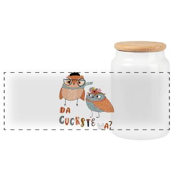 Verspielte Eulen mit Brille und Blumenkranz - Panorama Keksdose mit Holzdeckel - Weiß - Vorne
