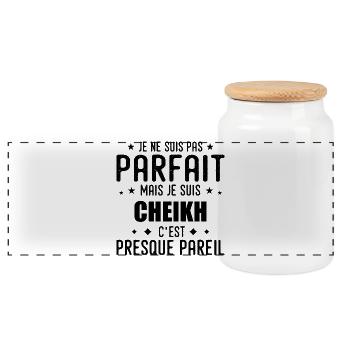Cheikh : authentique, imparfait, top, perfection - Boîte à biscuits avec couvercle en bois - blanc - Devant