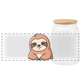 Cute Sloth Cartoon Design - Panoramic Cookie Jar with Wooden Lid - white - Front