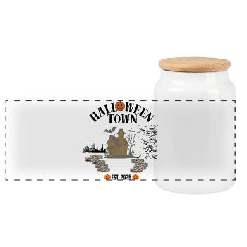 Haunted House with Pumpkins Halloween Design - Panoramic Cookie Jar with Wooden Lid - white - Front