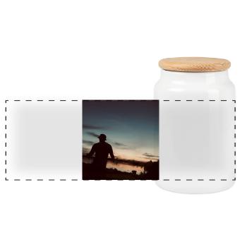 Riverside landscape at sunset - Panoramic Cookie Jar with Wooden Lid - white - Front