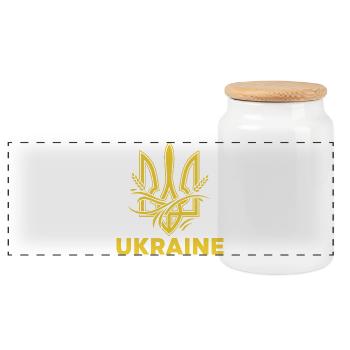 Ukrainischer Dreizack mit Weizenmotiv - Panorama Keksdose mit Holzdeckel - Weiß - Vorne