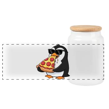 Cute Penguin Fast Food Pizza Italian Food - Panoramic Cookie Jar with Wooden Lid - white - Front