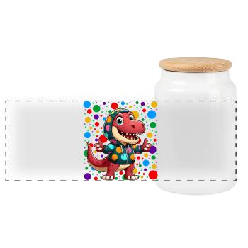 Cool Dino Cartoon – Colourful Polka Dot Hoodie Des - Panoramic Cookie Jar with Wooden Lid - white - Front