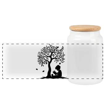 Child Reading Under Tree - Panoramic Cookie Jar with Wooden Lid - white - Front