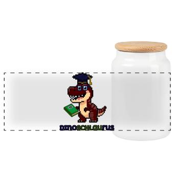 DinoSCHLAUrus - Pixel Art Dinosaurier mit Buch 🦖 - Panorama Keksdose mit Holzdeckel - Weiß - Vorne