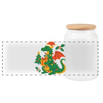 Festlicher Drache mit Geschenken - Panorama Keksdose mit Holzdeckel - Weiß - Vorne