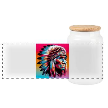 American Indian American - Panoramic Cookie Jar with Wooden Lid - white - Front