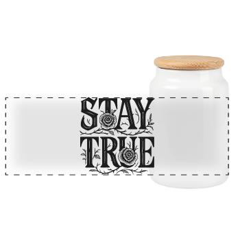 Stay True Typography Rose Art - Panorama Keksdose mit Holzdeckel - Weiß - Vorne