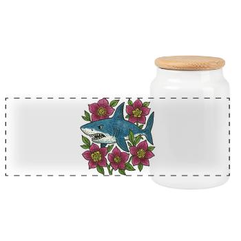 Shark among Crimson Blossoms - Panoramic Cookie Jar with Wooden Lid - white - Front