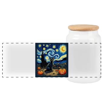 Halloween Katze – Van Gogh Stil mit Kürbissen - Panorama Keksdose mit Holzdeckel - Weiß - Vorne
