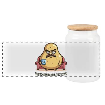 Kind of Rude Potato Grumpy Cartoon Design - Panoramic Cookie Jar with Wooden Lid - white - Front
