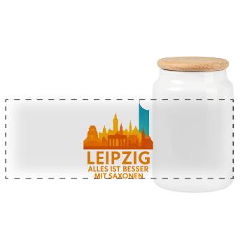 Leipzig Skyline Saxonen Spruch - Panorama Keksdose mit Holzdeckel - Weiß - Vorne