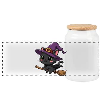 Mignon Halloween Sorcière Dessin Animé Chat Balai Octobre - Boîte à biscuits avec couvercle en bois - blanc - Devant