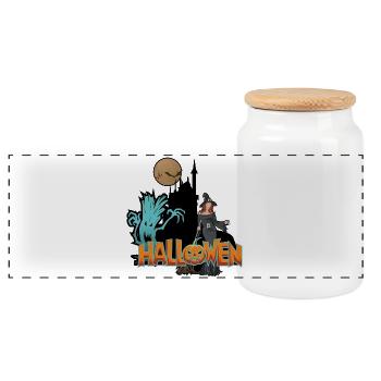 Halloween Witch and Pumpkin - Panoramic Cookie Jar with Wooden Lid - white - Front