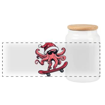 Octopus Christmas Funny - Panoramic Cookie Jar with Wooden Lid - white - Front