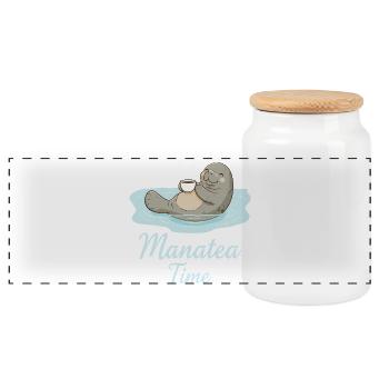 Manatee Marine Animal Ocean Loves Tea - Panoramic Cookie Jar with Wooden Lid - white - Front