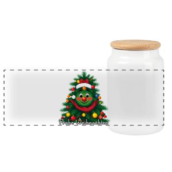 Merry Christmas tree with face - Panoramic Cookie Jar with Wooden Lid - white - Front