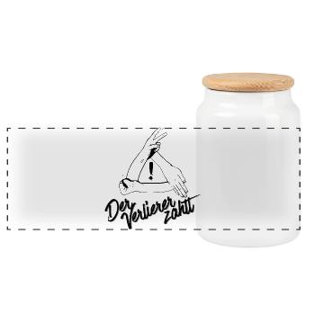 Der Verlierer zahlt – Schere Stein Papier - Panorama Keksdose mit Holzdeckel - Weiß - Vorne