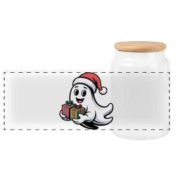 Weihnachtsgeist mit Geschenken - Panorama Keksdose mit Holzdeckel - Weiß - Vorne