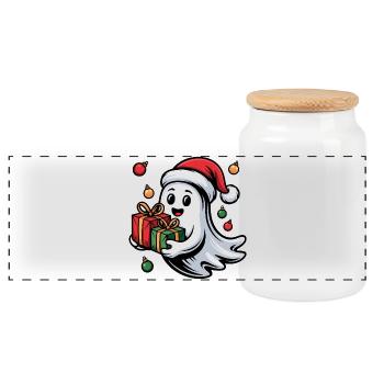 Weihnachtsgeist mit Geschenken - Panorama Keksdose mit Holzdeckel - Weiß - Vorne