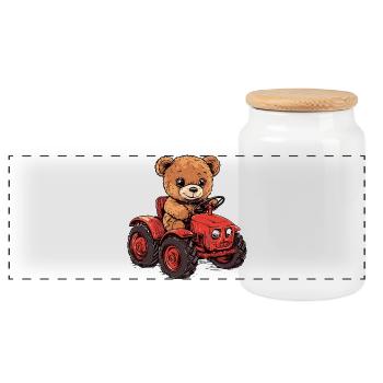 Teddybär auf rotem Traktor - Panorama Keksdose mit Holzdeckel - Weiß - Vorne