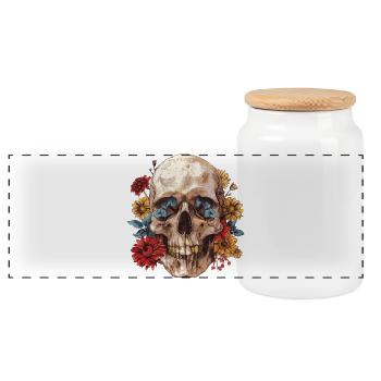 Skull, skull with flowers - Panoramic Cookie Jar with Wooden Lid - white - Front