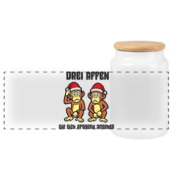 Three monkeys wondering.. - Christmas Special - Panoramic Cookie Jar with Wooden Lid - white - Front