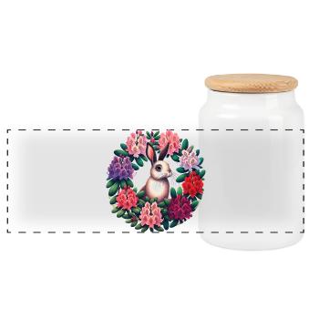 Circular Floral Rabbit - Panoramic Cookie Jar with Wooden Lid - white - Front